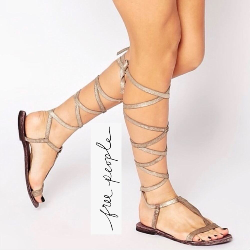 Free People Dahlia Lace Up Metallic Leather Gladiator Sandals Size 9.5